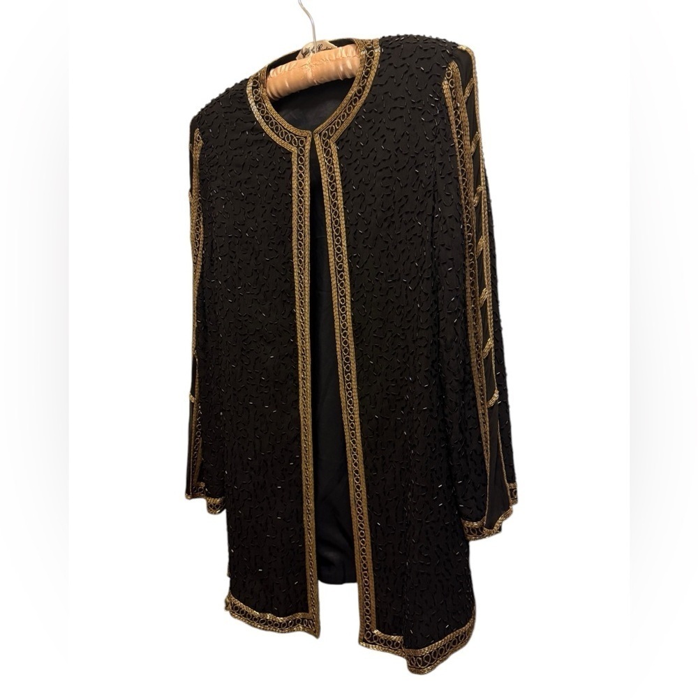 Elegant Judith Ann Creations Silk Black and Gold Embellished Jacket